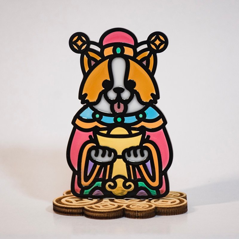 招财犬 财神 (哥基/柯基) 金钱币木座 树脂摆件 花窗玻璃 台座 - 摆饰 - 树脂 多色