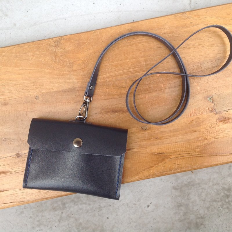 横式识别证证件夹悠游卡套卡片套可背式手工缝制零钱真皮.墨蓝色 - 证件套/卡套 - 真皮 蓝色