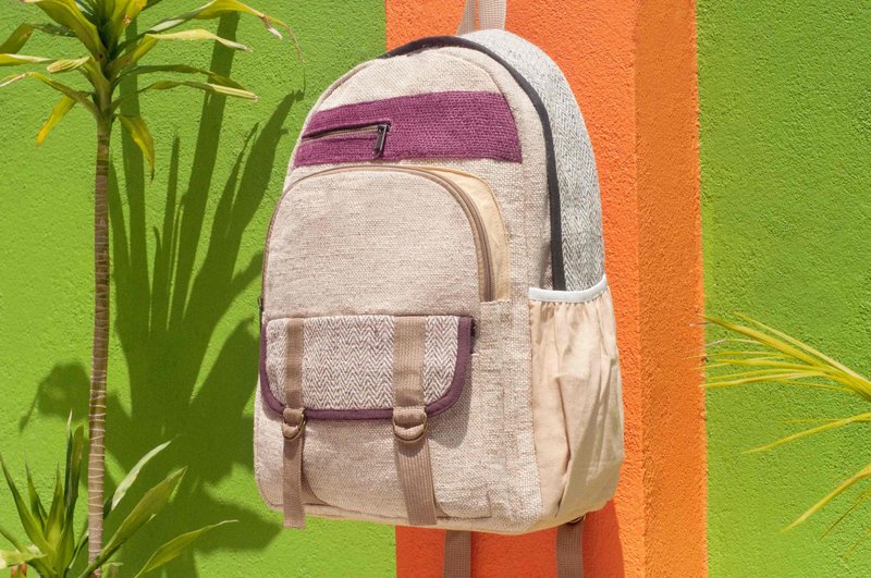 限量一件 棉麻拼接设计后背包 / 肩背包 / 民族登山包 / 拼布包 / 棉麻后背包 / 旅行背包 / 电脑包 - 紫色天空 色块后背包 - 后背包/双肩包 - 棉．麻 多色
