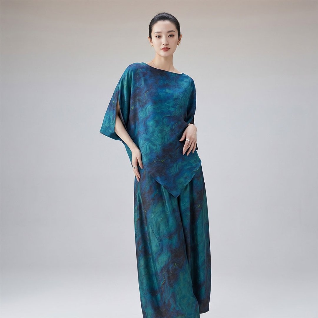 桑蠶絲斜襟上衣 / 民族風圓領外套 / 新中式寬鬆小衫 - 女装上衣 - 丝．绢 蓝色