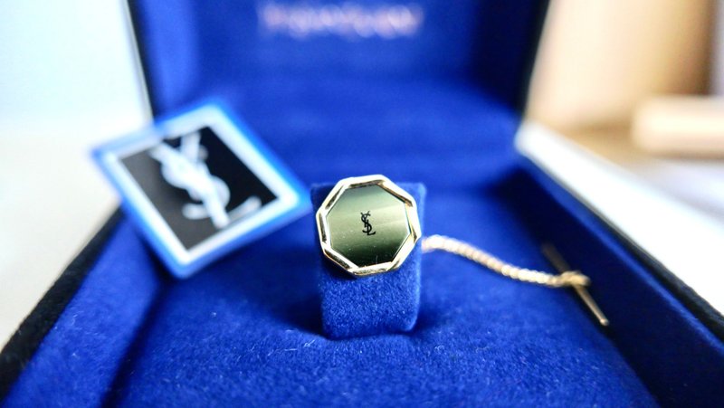 稀有 - YSL圣罗兰中古古董八角形领扣/袖扣/饰品 - 徽章/别针 - 其他金属 绿色