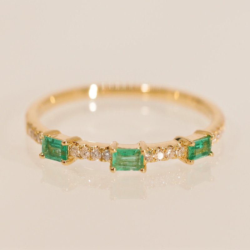 18K金祖母绿三重长方形钻石戒指 18K Gold Emerald Trio Baguette - 戒指 - 贵金属 