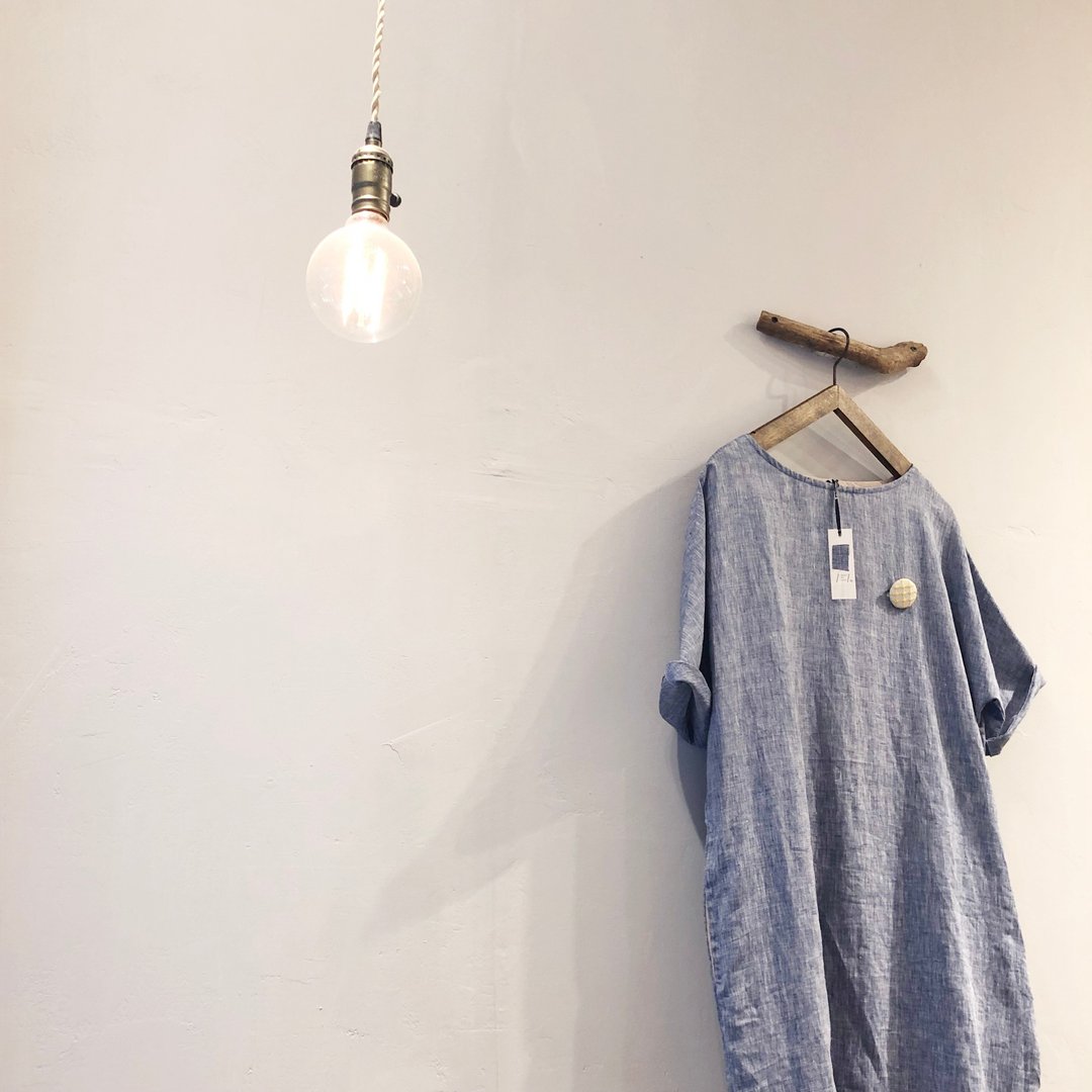 R.H. clothes / 日本亚麻布宽洋装 / 混织蓝色 / 附绑带 - 洋装/连衣裙 - 棉 蓝色