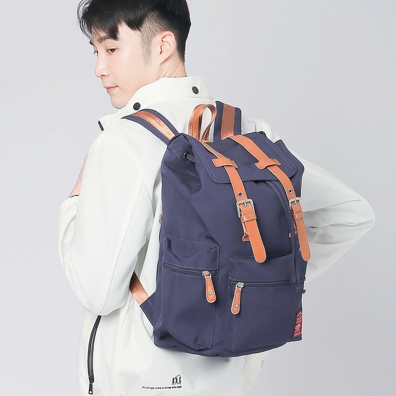 【男友礼物/包邮】帆布磁扣翻盖束口笔电男后背包│丈青 - 后背包/双肩包 - 聚酯纤维 蓝色