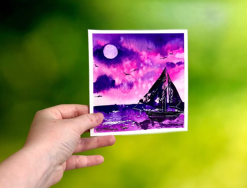 帆船绘画航海原创艺术船水彩艺术品5乘5英寸 - 墙贴/壁贴 - 纸 粉红色