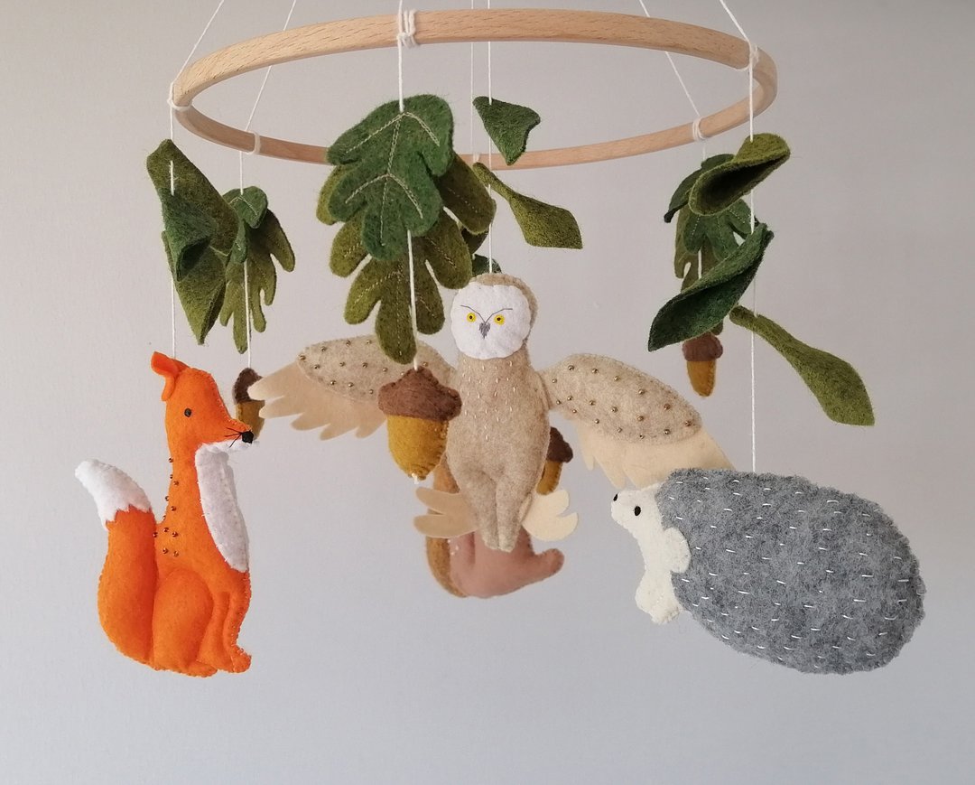 Forest Animals Baby Mobile,Felt fox squirrel hedgehog owl Crib Nursery Mobile - 玩具/玩偶 - 其他材质 