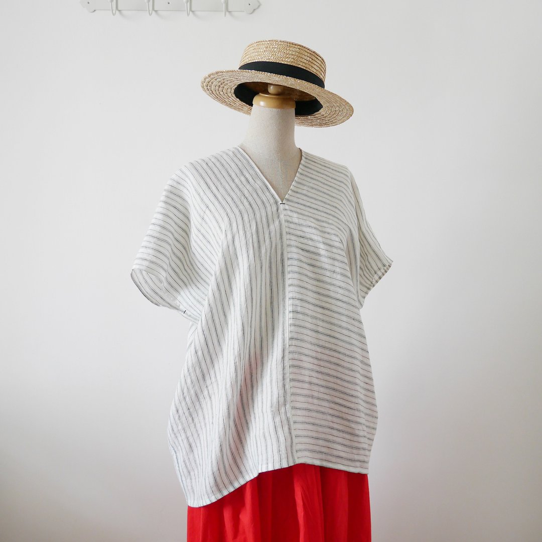 条纹薄亚麻四角V领罩衫贯头衣 立陶宛亚麻 夏季家居服 - 女装上衣 - 棉 多色