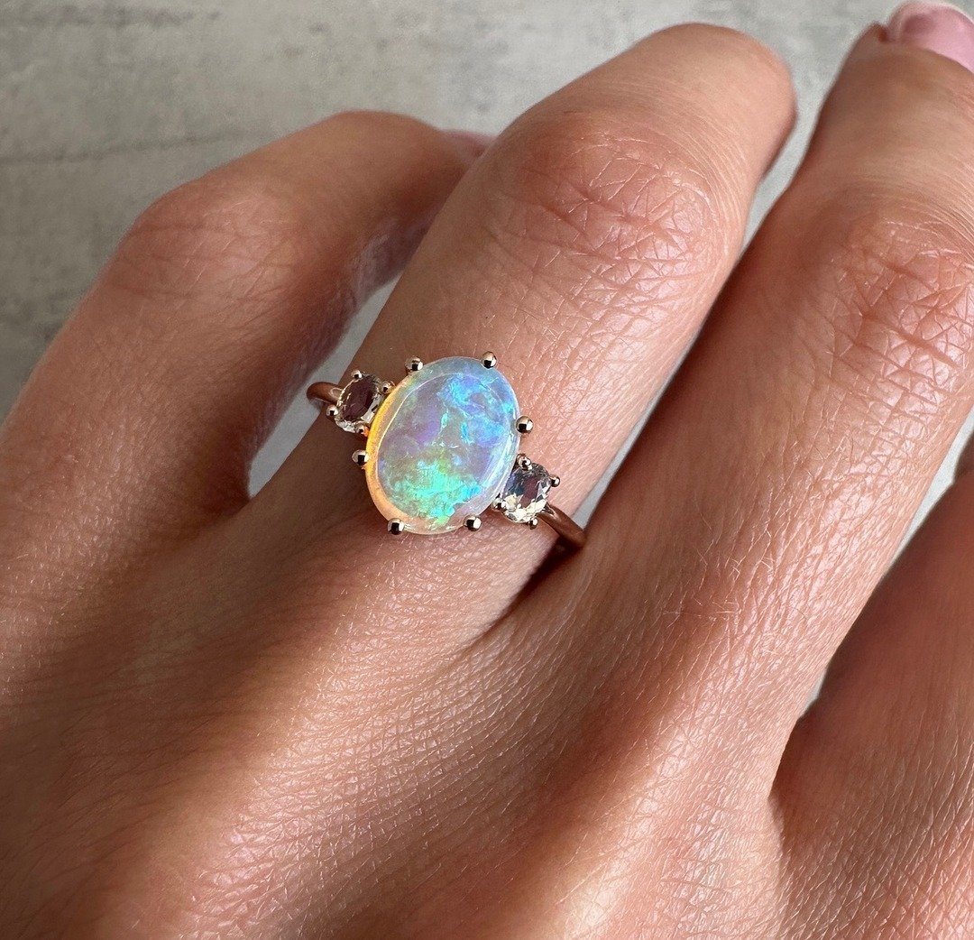 天然蛋白石戒指, 彩色宝石戒指, 宝石戒指, 14k 实金戒指 - 对戒 - 纯银 金色