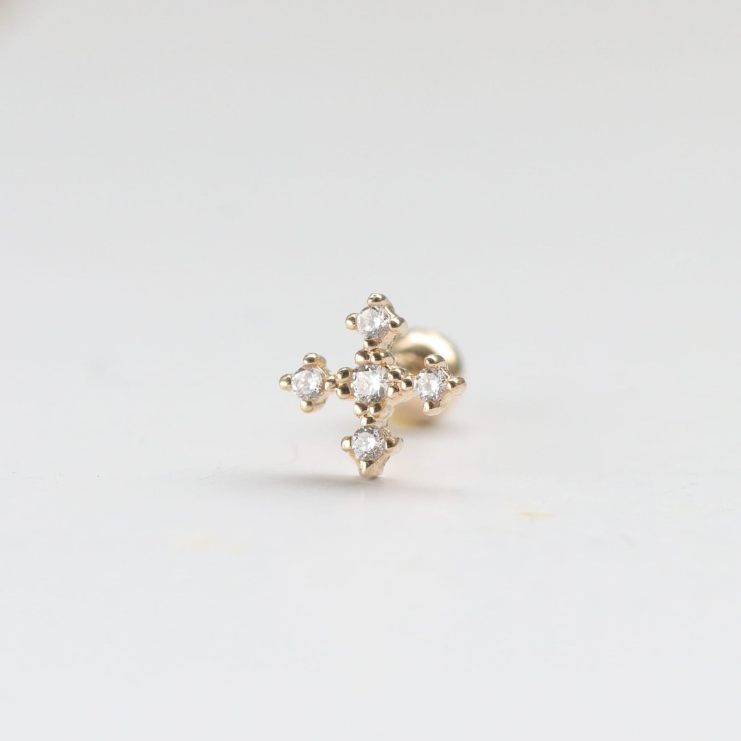 14K 十字钻锁珠耳环 (单个)耳骨 耳窝 不退色 - 耳环/耳夹 - 贵金属 金色