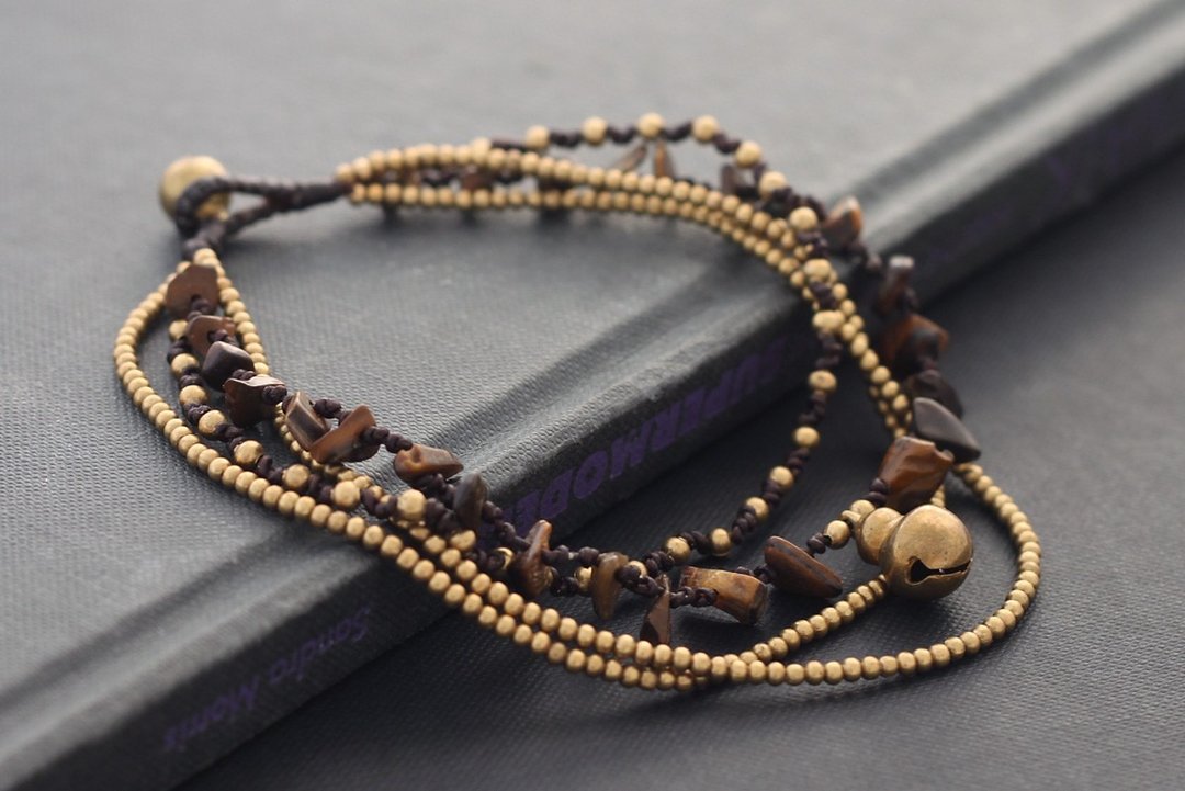 Strand Anklets Layer Chain Tiger Eyes Stone Woven Beaded Braided - 其他 - 石头 咖啡色