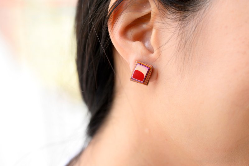 漆石耳环-珊瑚橘红方块 - 耳环/耳夹 - 宝石 红色
