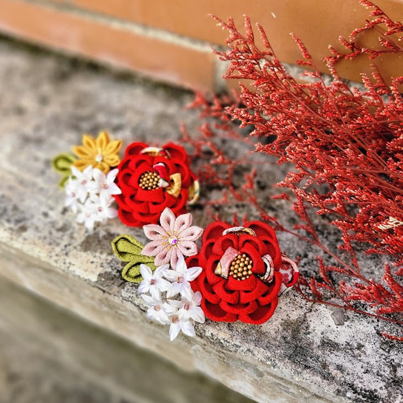 【つまみ细工】椿花春色发梳|日式布花|和风配饰 - 发饰 - 聚酯纤维 红色