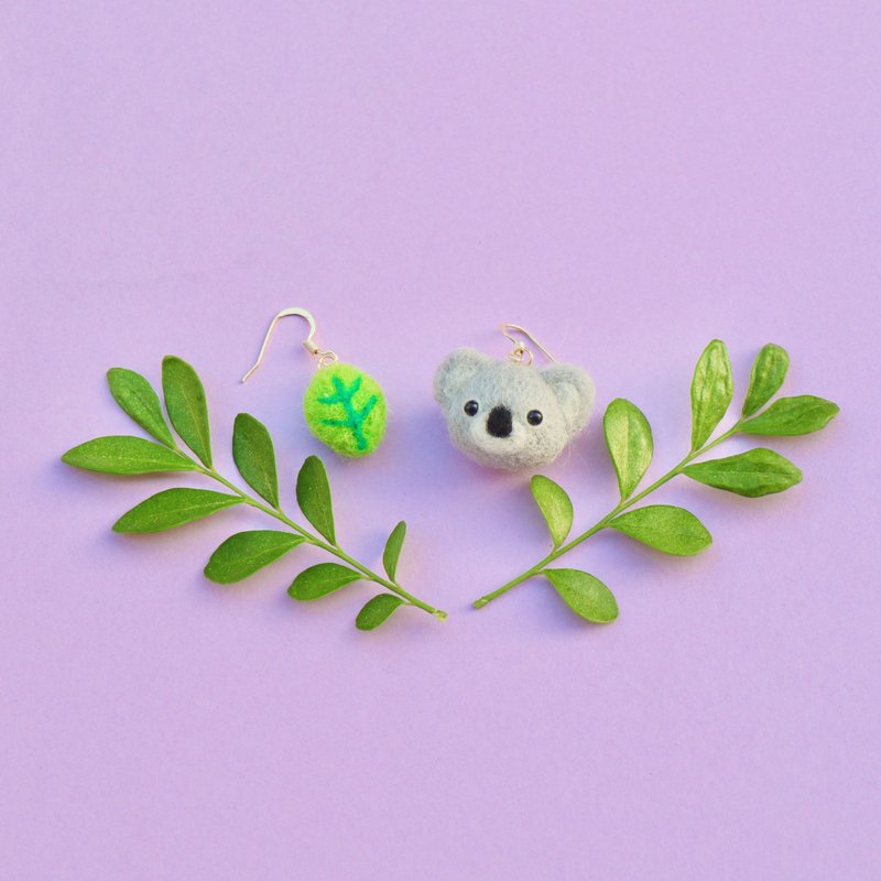 羊毛毡无尾熊手作耳环 - 耳环/耳夹 - 羊毛 灰色