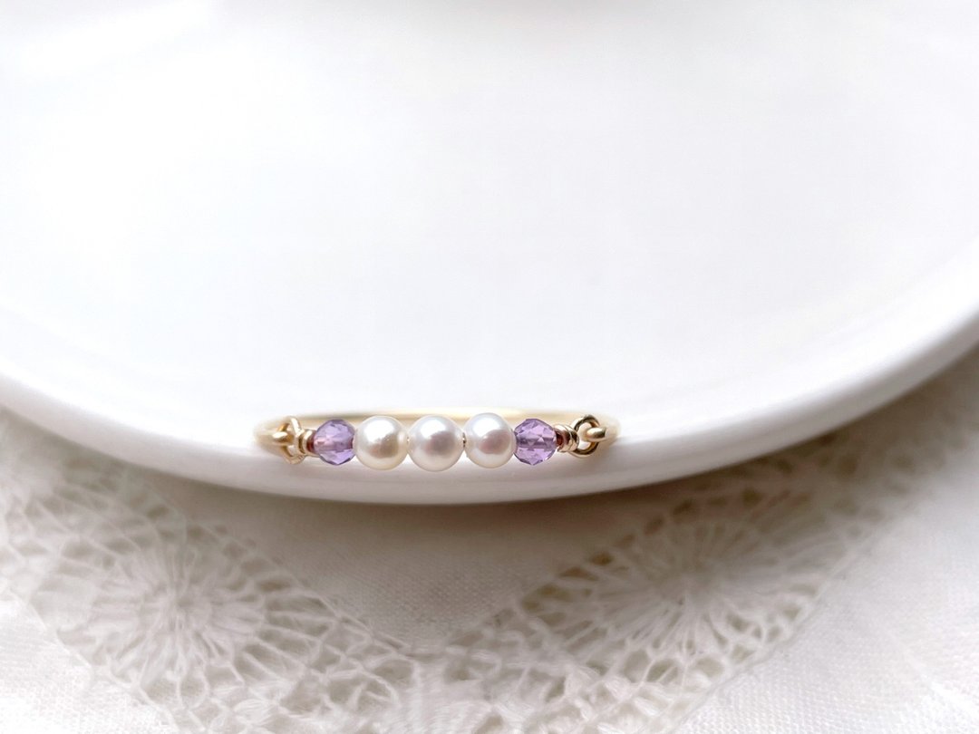 Simple ring of pink amethyst and freshwater pearl - 戒指 - 宝石 紫色