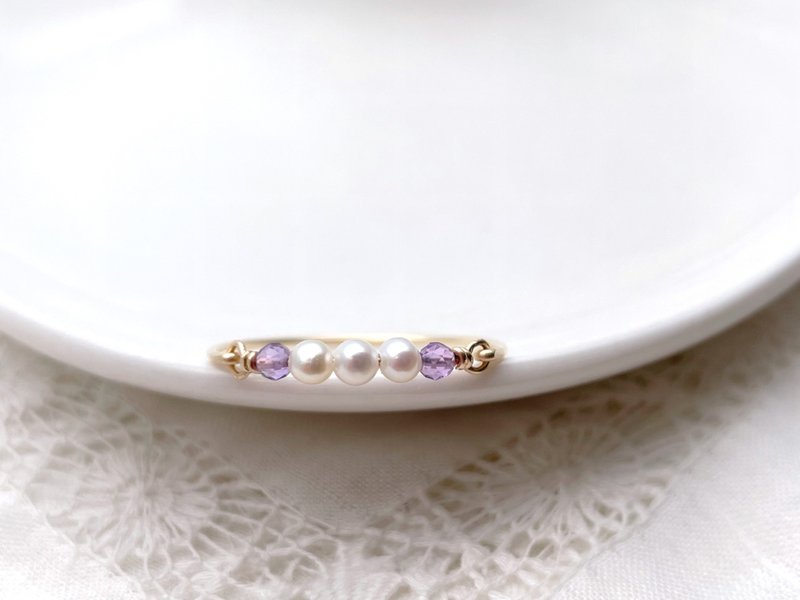 Simple ring of pink amethyst and freshwater pearl - 戒指 - 宝石 紫色