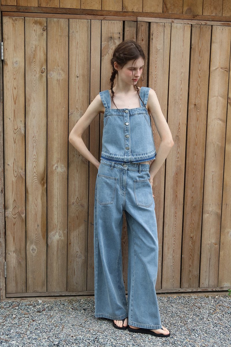 vintage艺术感 / 撞色牛仔背心 牛仔裤套装 - 女装背心 - 其他材质 蓝色