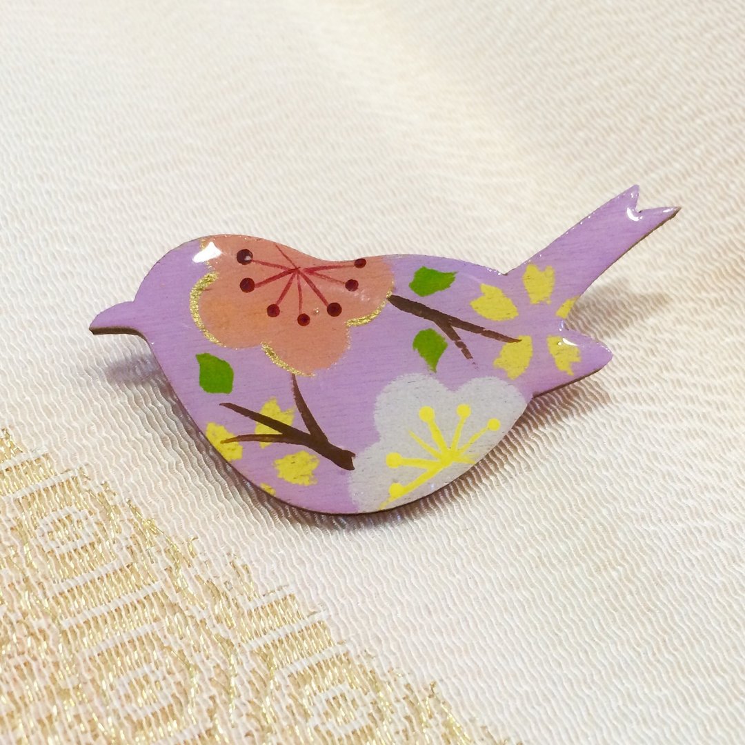 Bird broach Japanese style, purple - 胸针 - 木头 紫色
