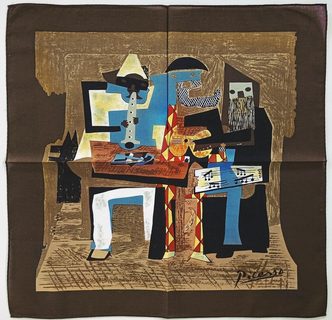 巴勃罗·毕卡索艺术作品印刷，19 x 18.5 英寸，“三乐师”1921 年 - 手帕/方巾 - 棉 咖啡色