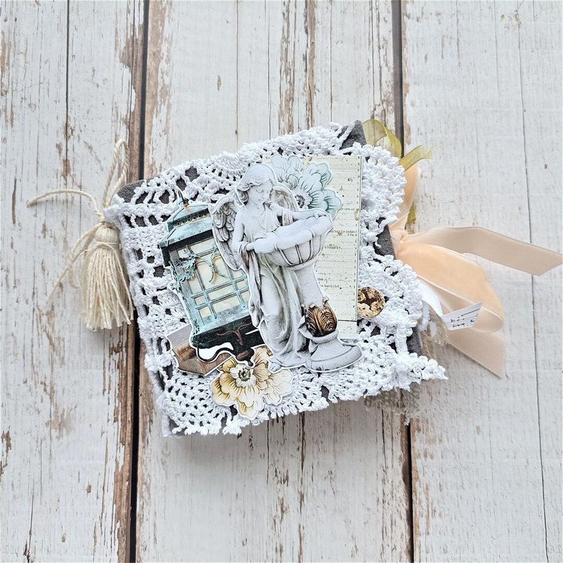 Vintage angel junk journal handmade lace Tiny mint diary for sale homemade blank - 笔记本/手帐 - 纸 白色