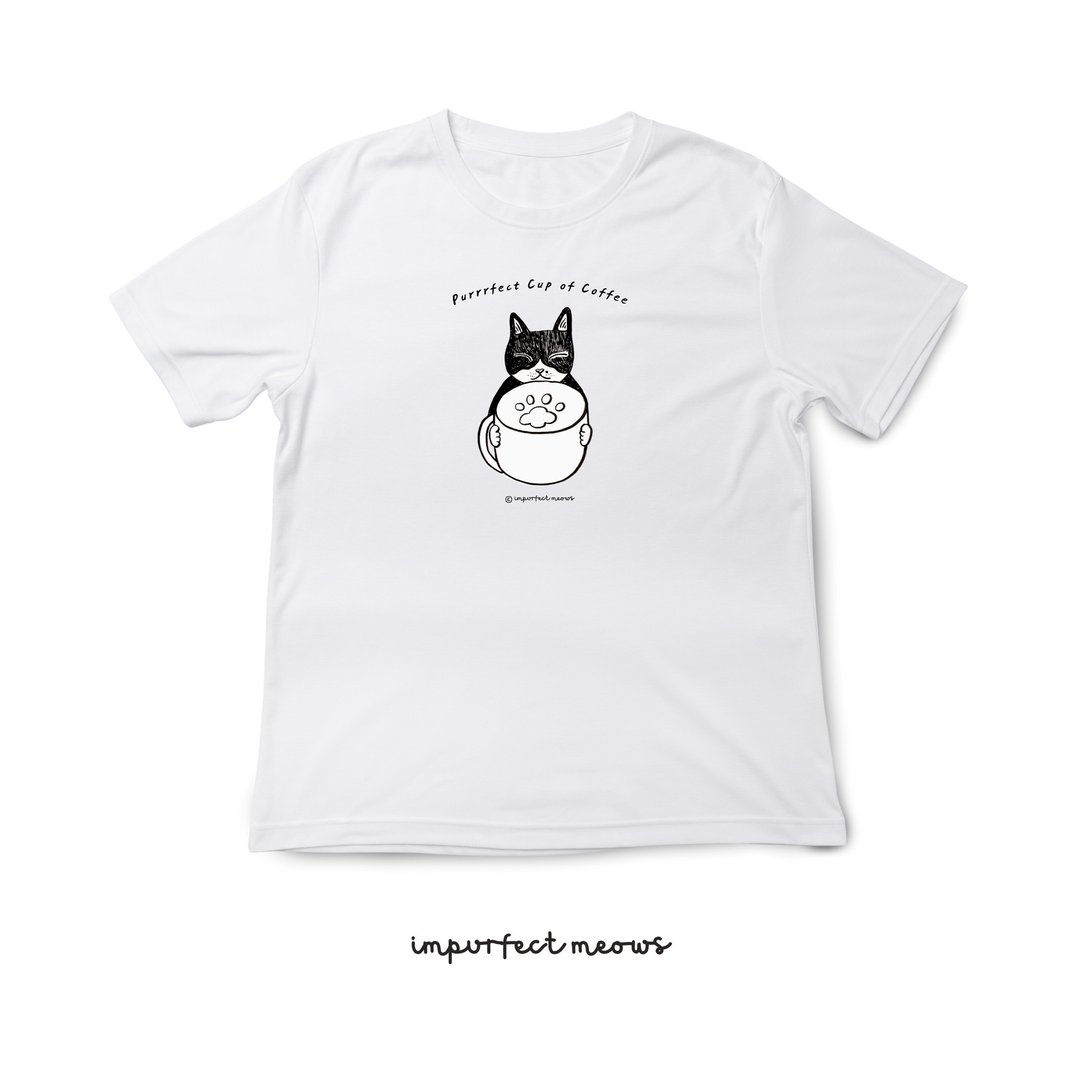 不完美猫咪 Impurfect Meows | 咖啡猫 T-Shirt - 女装 T 恤 - 棉 白色