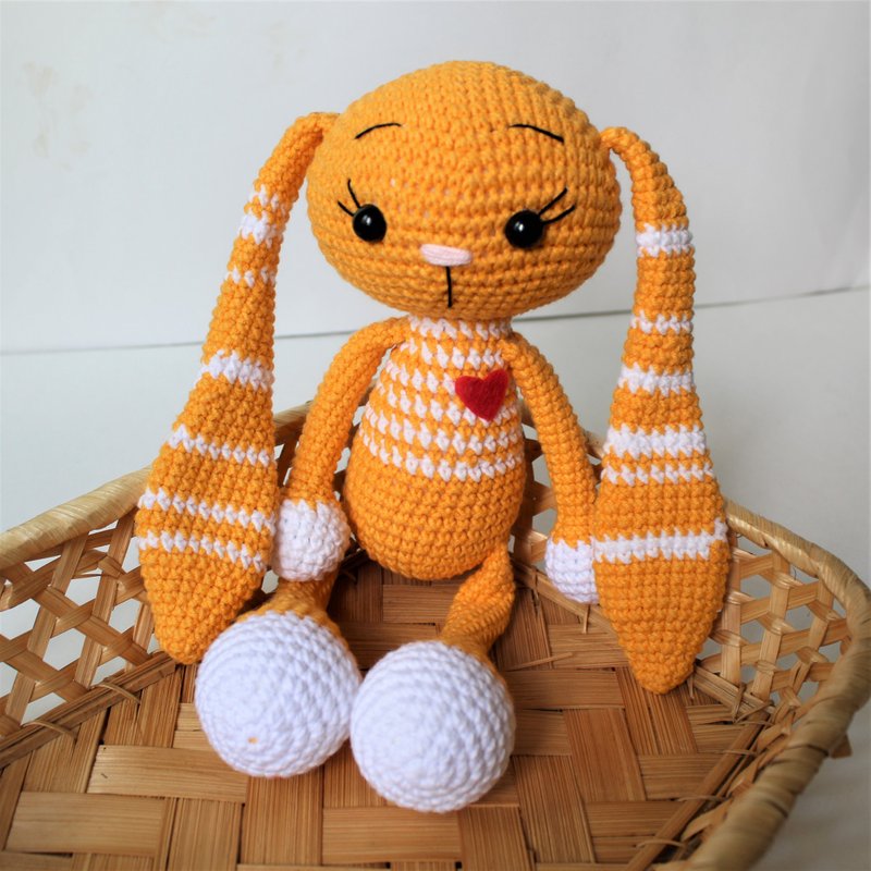 Cute knitted bunny with long ears, yellow stuffed hare Amigurumi crocheted bunny - 玩具/玩偶 - 羊毛 黄色