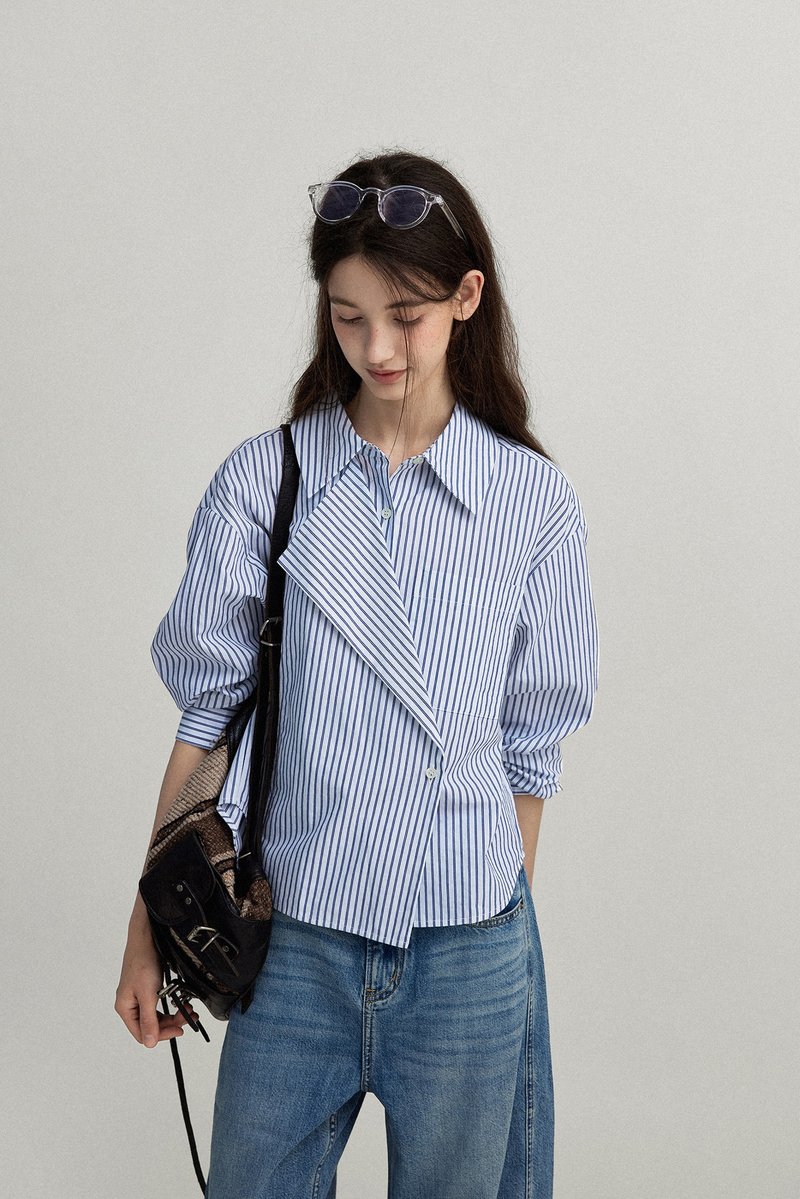 北欧作家 / 复古书页褶边衬衫 / 色织条纹 - 女装衬衫 - 其他材质 
