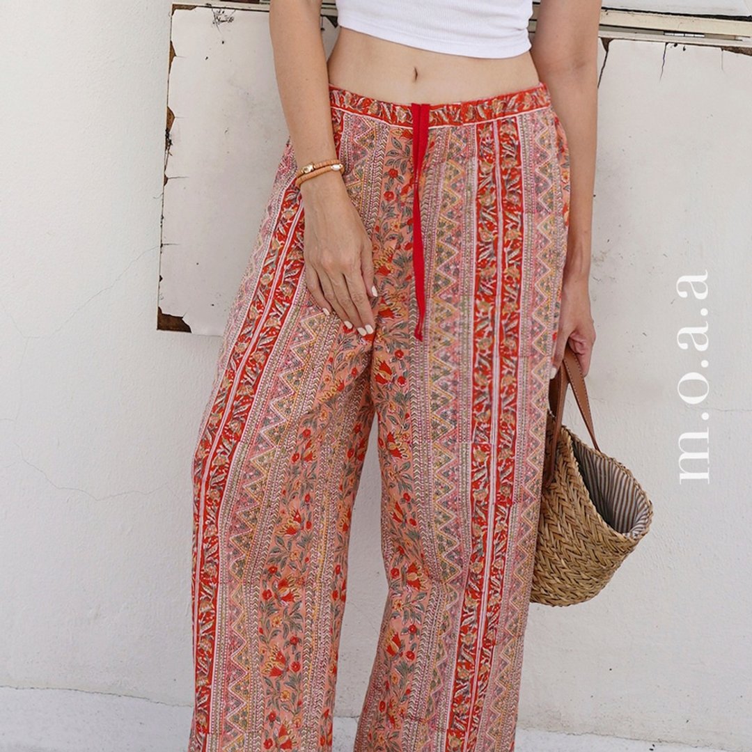 Lazy Pants in Ruby Red - 花卉印花阔腿裤 - 女装长裤 - 棉 红色