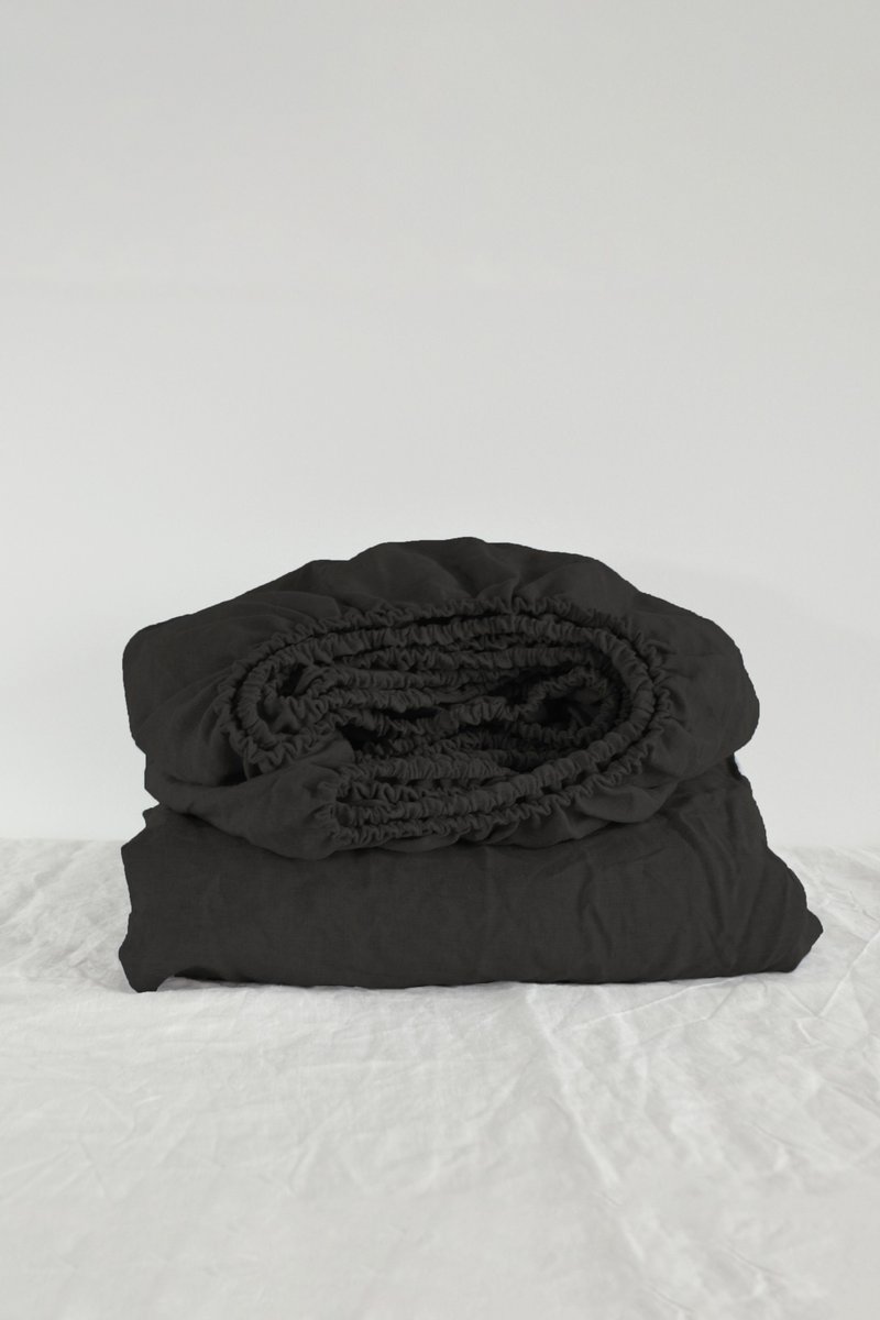 Black linen fitted sheet / Softened linen bed sheet / Deep pocket - 寝具 - 亚麻 黑色