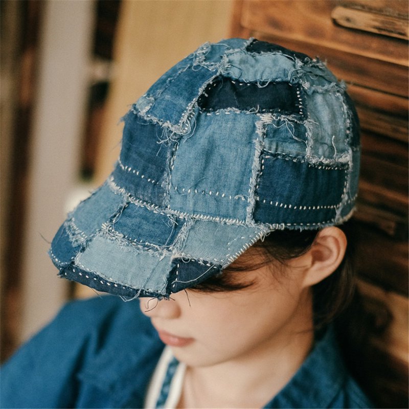 靛藍色拼布 藍染刺子繡拼片City girl 鴨舌帽戰俘帽 中性男女帽子 - 帽子 - 棉．麻 蓝色