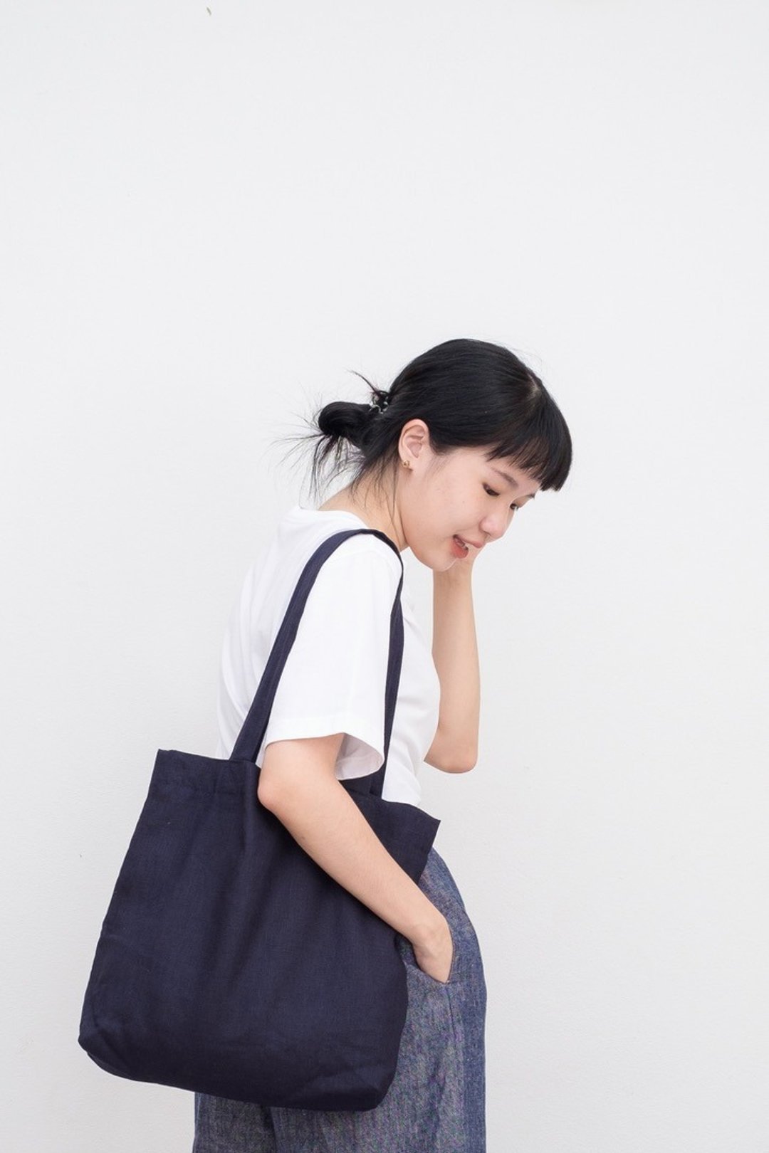 Navi Blue Linen Tote Bag - 手提包/手提袋 - 亚麻 蓝色