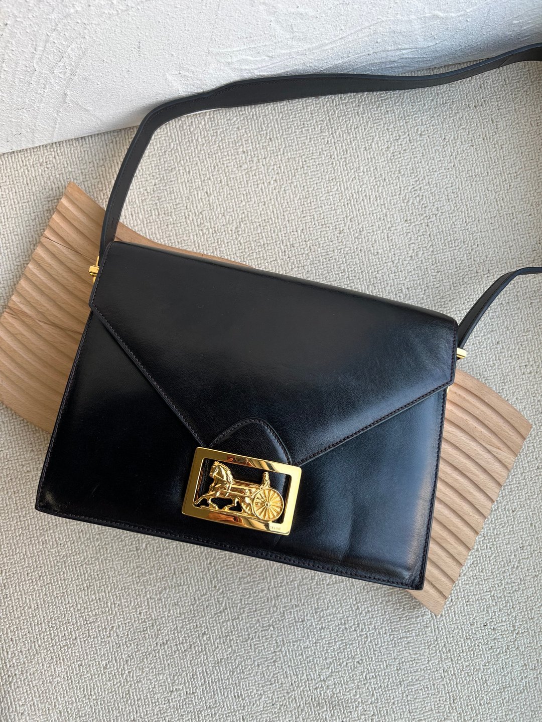 稀有中古包Vintage Celine 深棕马车大方扣信封风琴包 - 侧背包/斜挎包 - 真皮 