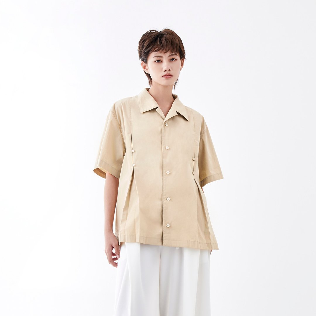 活褶扣饰古巴领衬衫 - 女装衬衫 - 棉 卡其色