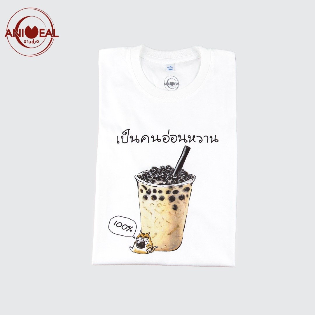 WHITE T-Shirt COTTON 100% 珍珠奶茶，由 Animeal Studio 设计 - 女装 T 恤 - 棉 白色