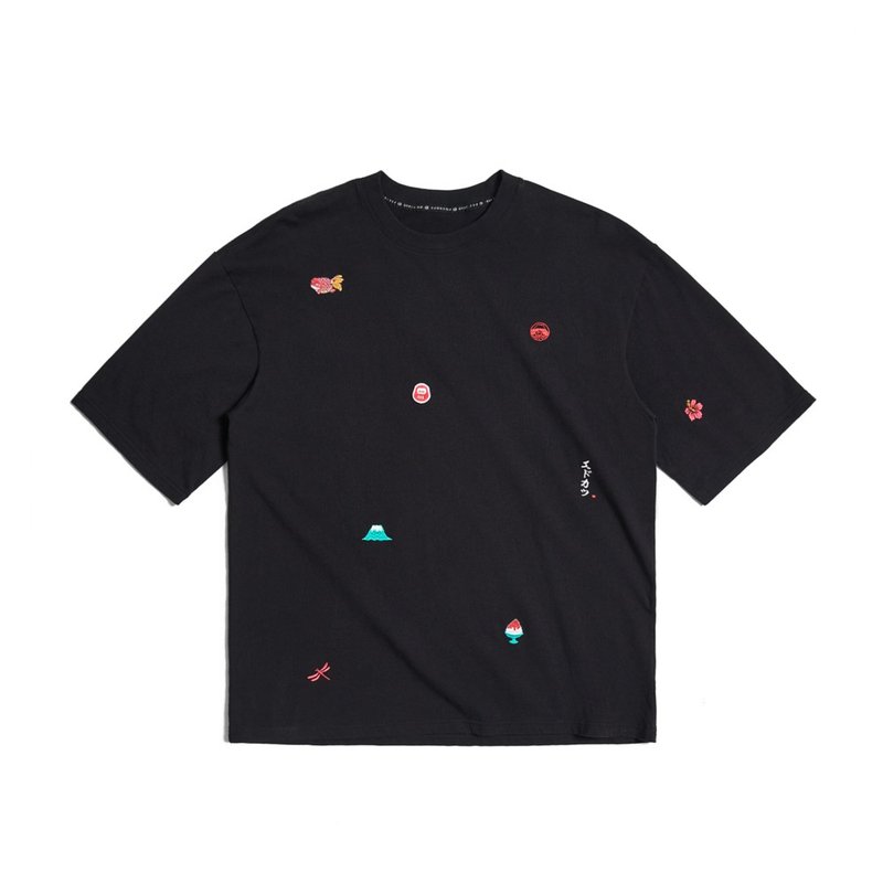 江户胜 日系 男装 夏祭小物绣花短袖T恤(黑色) #上衣 - 男装上衣/T 恤 - 棉．麻 黑色