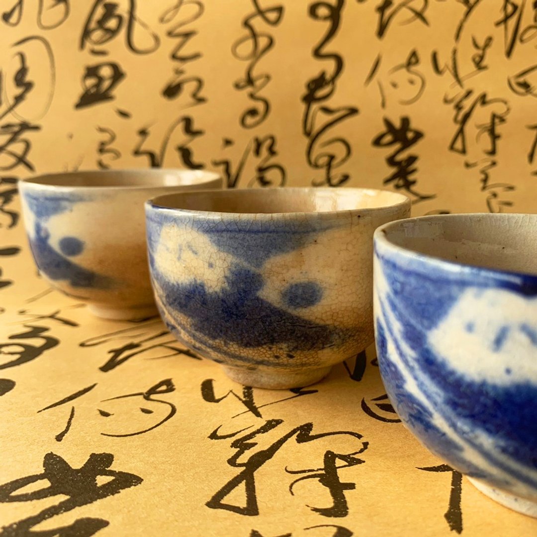 日本 富士山青花瓷杯组 │昭和时代 冰裂纹 开片 瓷器 收藏 老物 - 茶具/茶杯 - 陶 蓝色