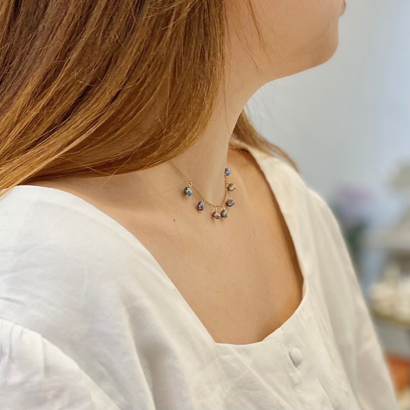 ITS-N128【14KGF・珍珠垂坠项链】染色黑珍珠垂坠项链 - 项链 - 珍珠 金色