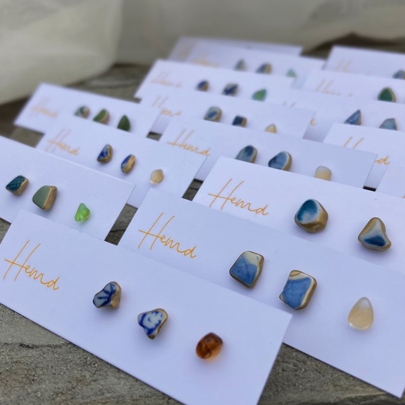 海玻璃・海陶的金继耳针 L【便利的3点套装】医疗级不锈钢 - 耳环/耳夹 - 不锈钢 金色