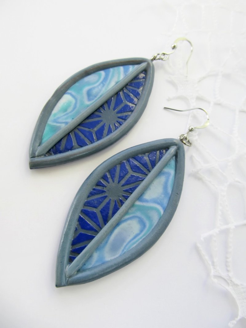 Geometric blue earrings Oval Teardrop earrings Turquoise long drop earrings gift - 耳环/耳夹 - 粘土 蓝色
