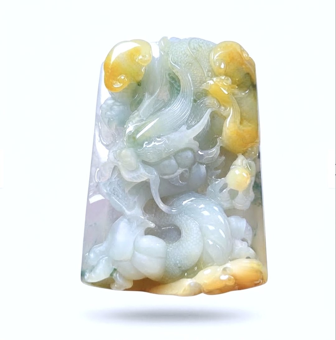 木拿冰三彩翡翠精雕霸王龙牌 | 天然缅甸玉翡翠A货 | 送礼 - 项链 - 玉石 多色