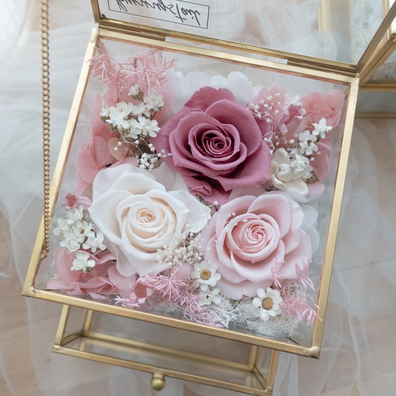 【定制】永生花抽屉珠宝盒-暖色 玫瑰/玻璃盒/实用 - 干燥花/捧花 - 玻璃 粉红色