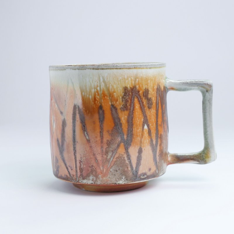 明芽窑 | 柴烧志野金彩刻纹 橘红 黑 荆棘 陶杯 咖啡杯 搜藏 H10 - 咖啡杯/马克杯 - 陶 橘色