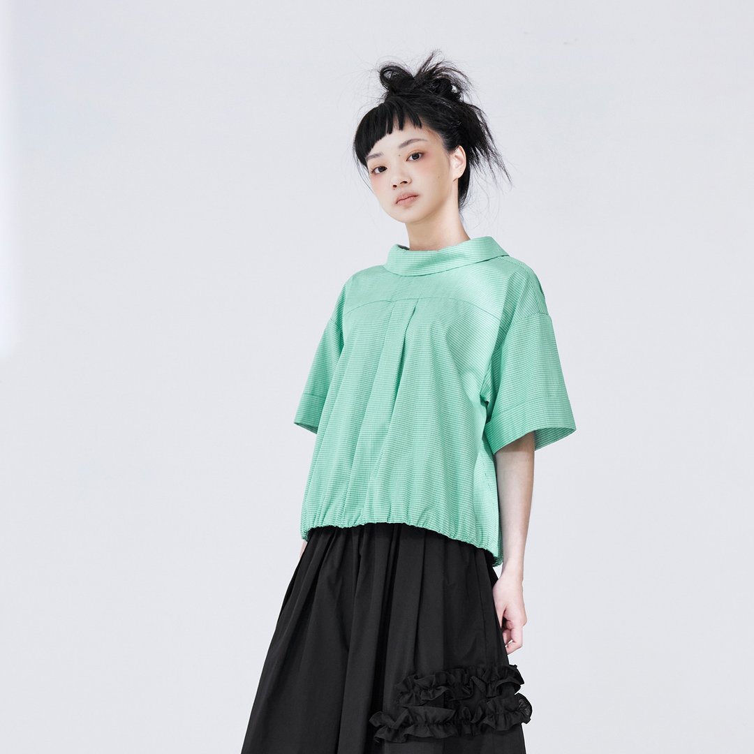 细格纹短袖后扣上衣 - 女装上衣 - 棉 绿色
