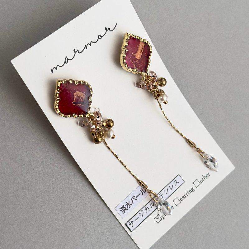 【现货1件】红色 酒精墨水艺术 长耳环 医疗级不锈钢 珍珠 金色 红色 独一无二 - 耳环/耳夹 - 树脂 红色