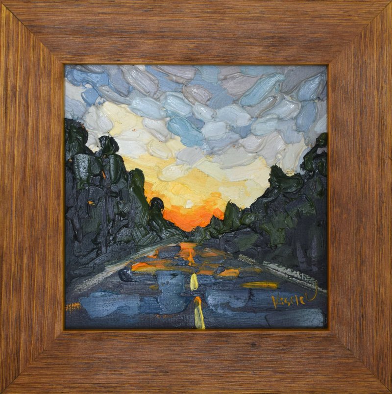 原创油画 日落公路风景 手工绘制 含实木画框 - 墙贴/壁贴 - 其他材质 