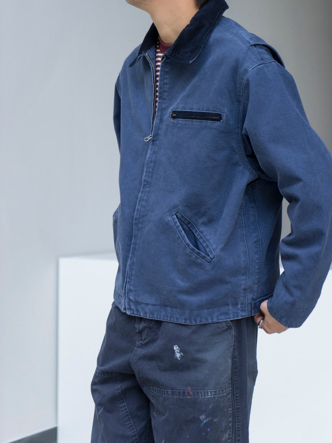 Jacket 法式工裝外套 燈芯絨翻領底特律短款復古夾克 Vintage - 男装外套 - 棉 蓝色