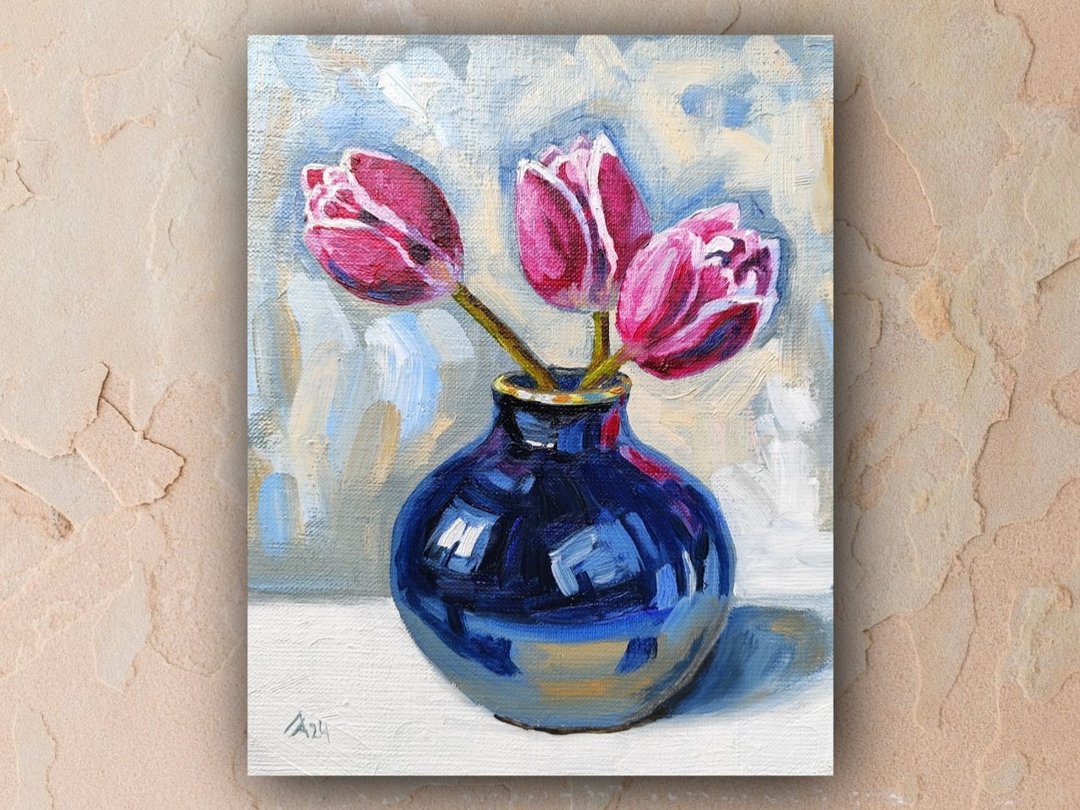 郁金香画原创油画拉伸画布粉红色花朵艺术品 20 x 25 - 海报/装饰画/版画 - 其他材质 粉红色