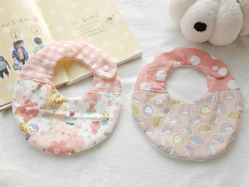 六重纱口水巾 围兜 猫咪款 企鹅 刺猬款 - 满月礼盒 - 棉．麻 粉红色