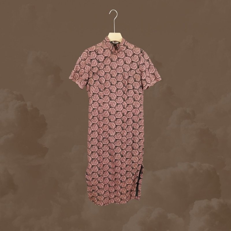 花旗旗袍专家 粉色 葡萄叶纱网绣花 古董短袖 旗袍 CA1125 - 洋装/连衣裙 - 聚酯纤维 粉红色