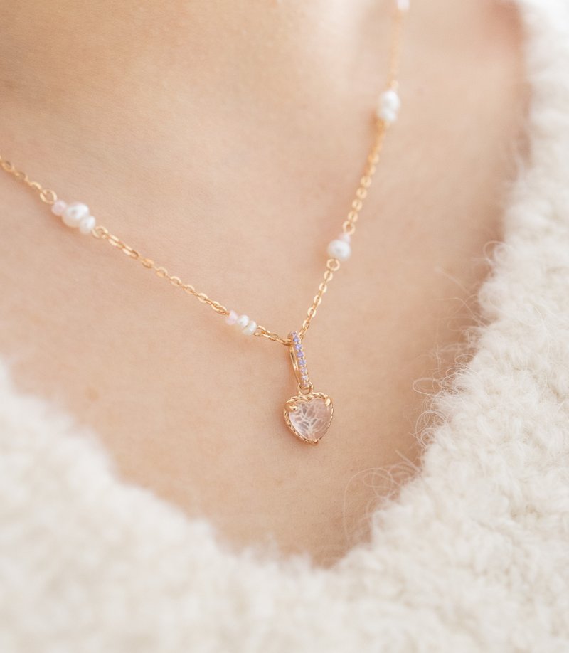 爱心粉晶纯银颈链Heartbeat bubble necklace - 项链 - 纯银 