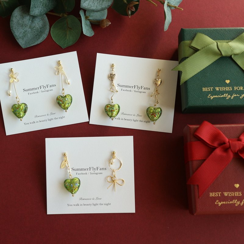 春夏缤纷一日本进口桃心缤纷925银针垂坠耳环 不对称独特 - 耳环/耳夹 - 贵金属 绿色